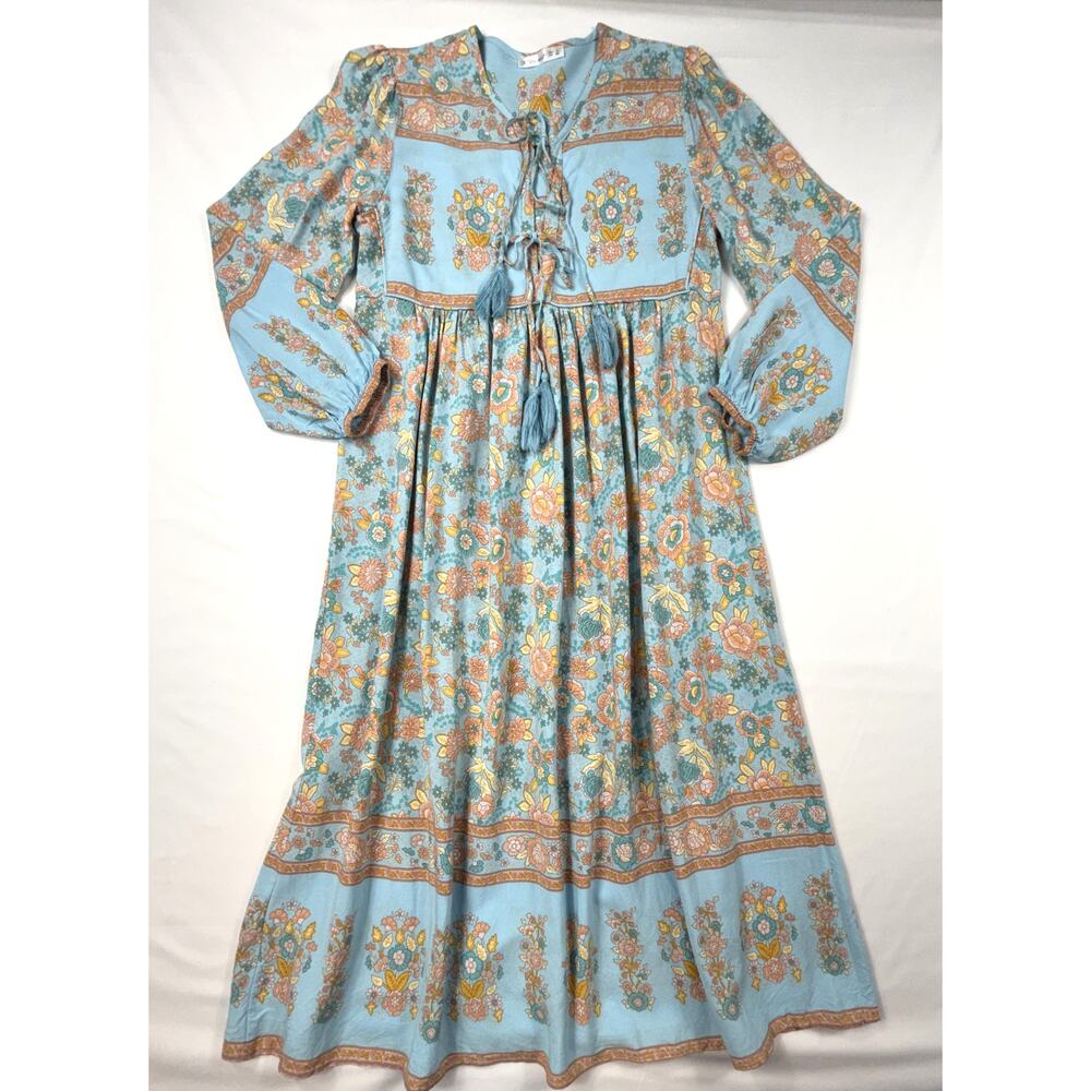 R.Vivimos turquoise and peach Sz 6 floral boho long-sleeve midi dress - Picture 2 of 12